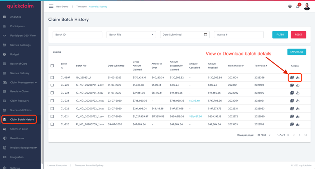 Claim Batch History screen