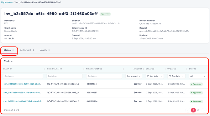Invoice Details - Claims tab