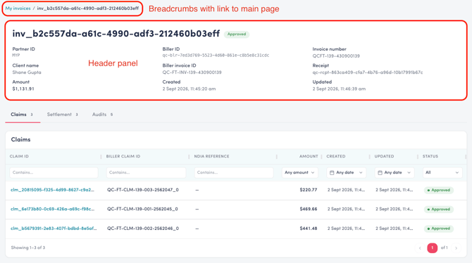 Invoice Details - Header panel