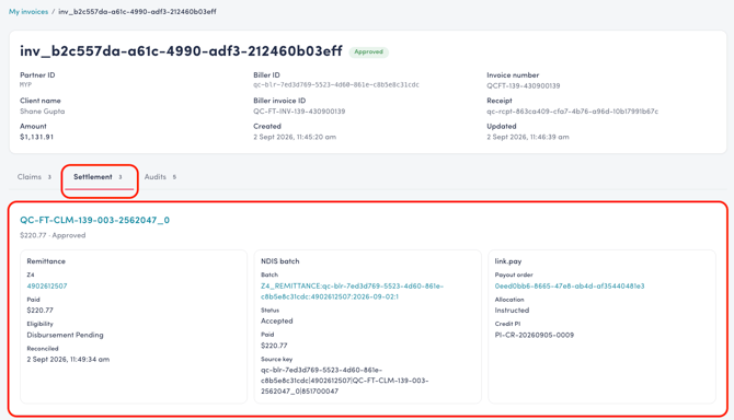 Invoice Details - Settlement Tab
